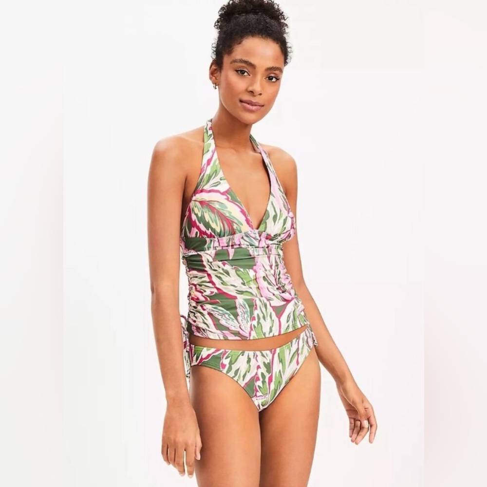 LOFT HALTER side tie FLORAL PRINT PINK & GREEN TANKINI TOP & MATCHING BIKINI SET